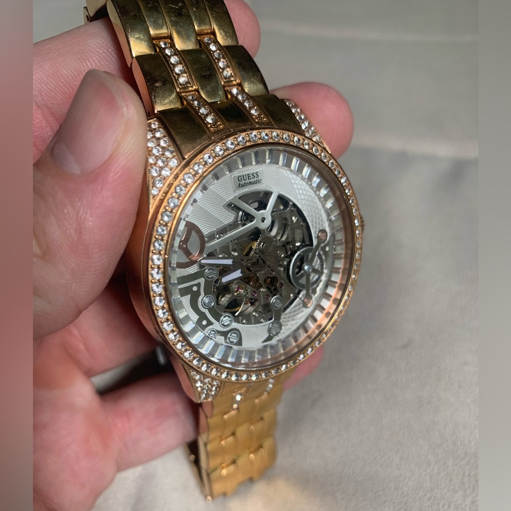 GUESS - Mens Crystalized Rose-gold Skeleton Watch